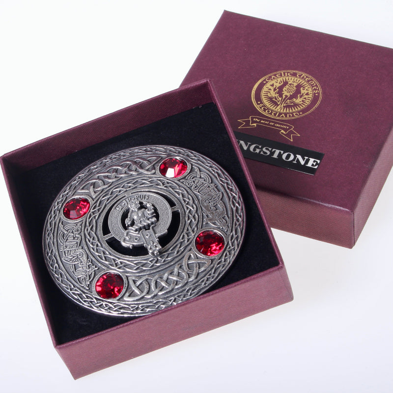 Clan Crest Pewter Large Plaid Brooch with Stones