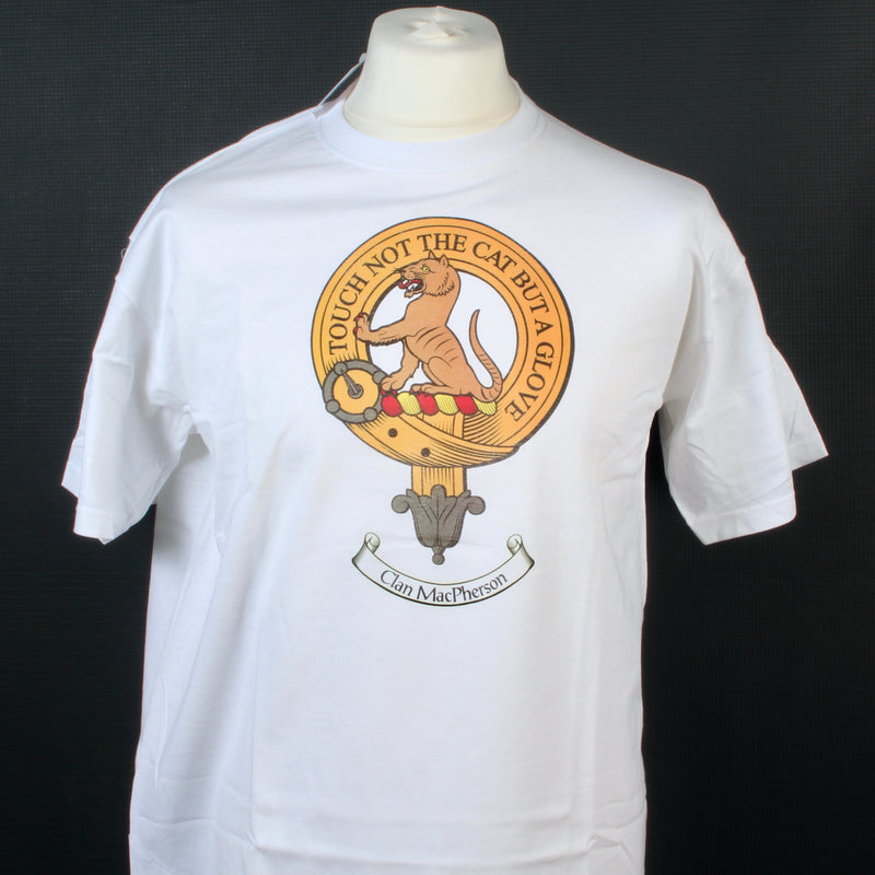 MacPherson Clan Crest White T Shirt  - Size Large to Clear