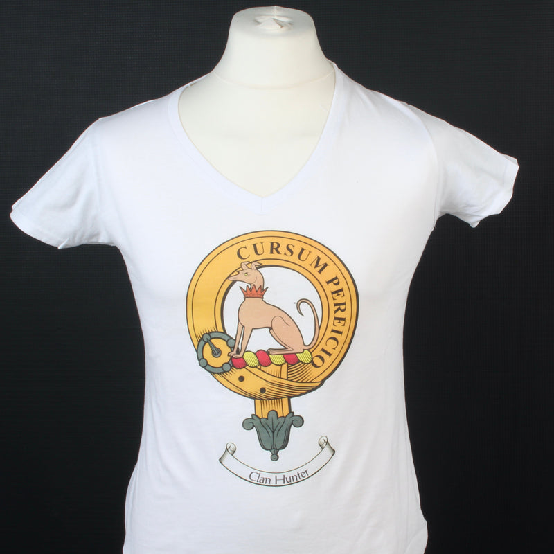 Hunter Clan Crest White T Shirt - Ladyfit  - Size Large to Clear