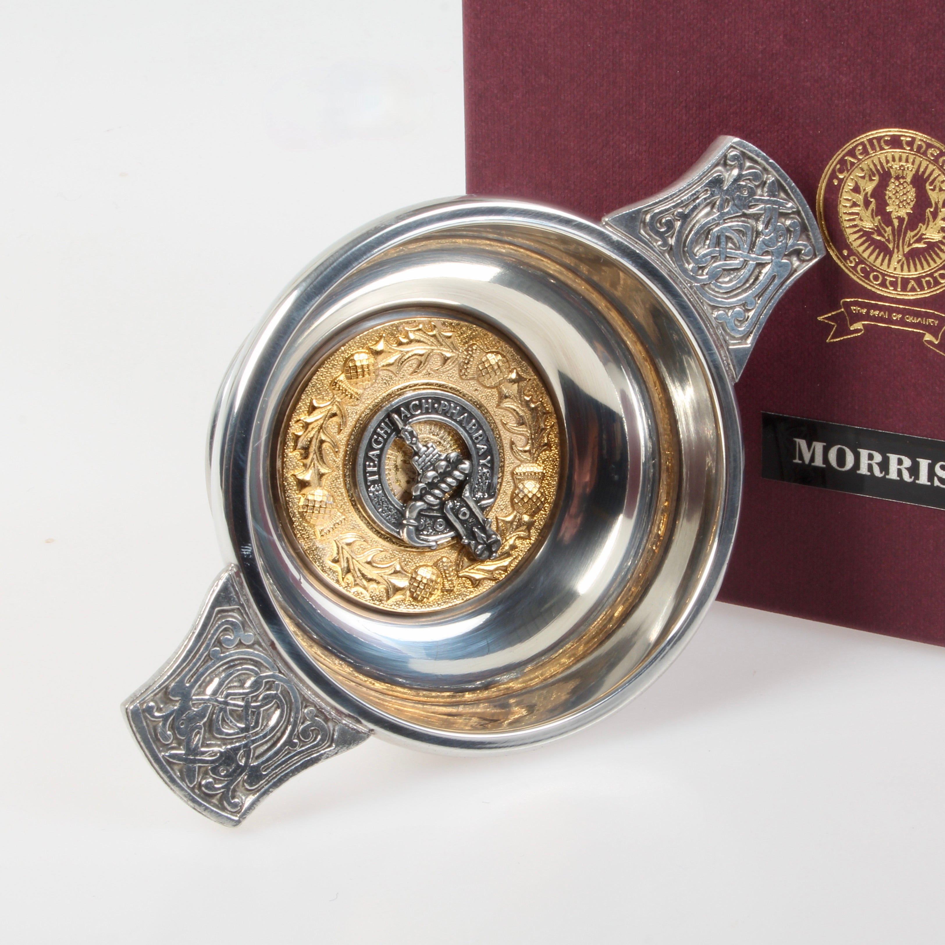 Morrison Clan Crest Quaich with Gold Trim