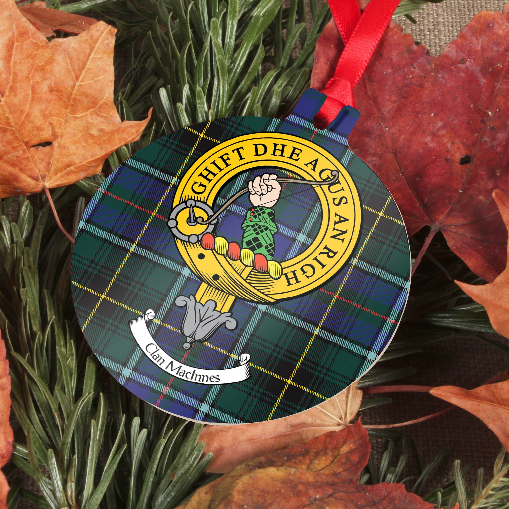 MacInnes Clan Crest and Tartan Metal Christmas Ornament - 6 Styles Available