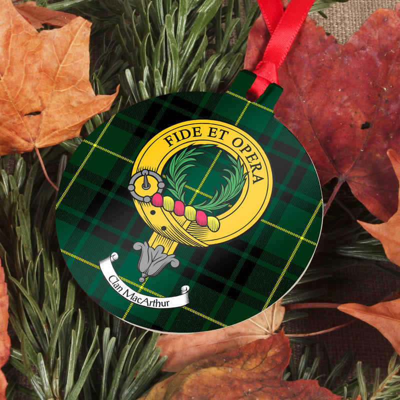MacArthur Clan Crest and Tartan Metal Christmas Ornament - 6 Styles Available