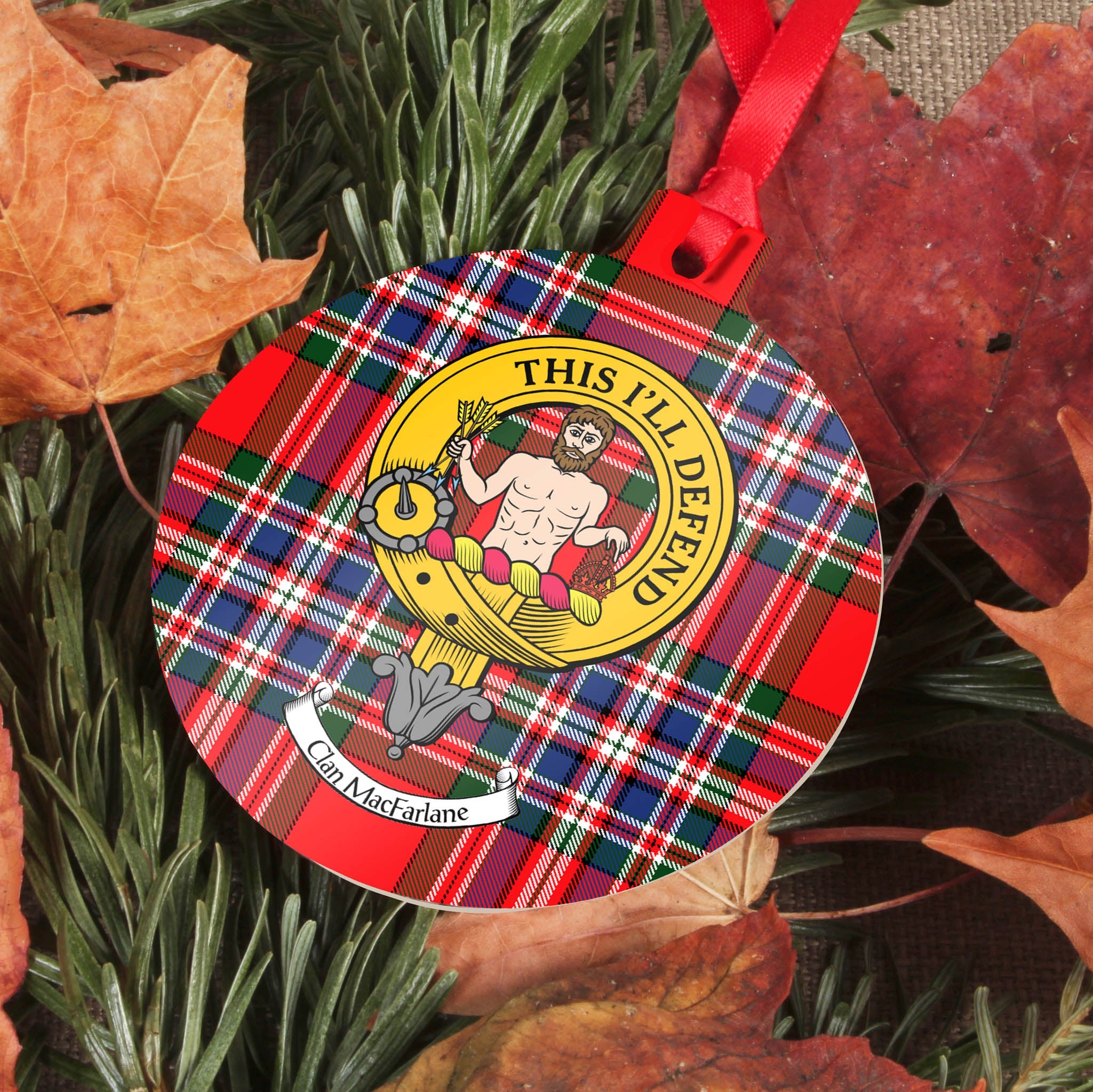 MacFarlane Clan Crest and Tartan Metal Christmas Ornament - 6 Styles Available
