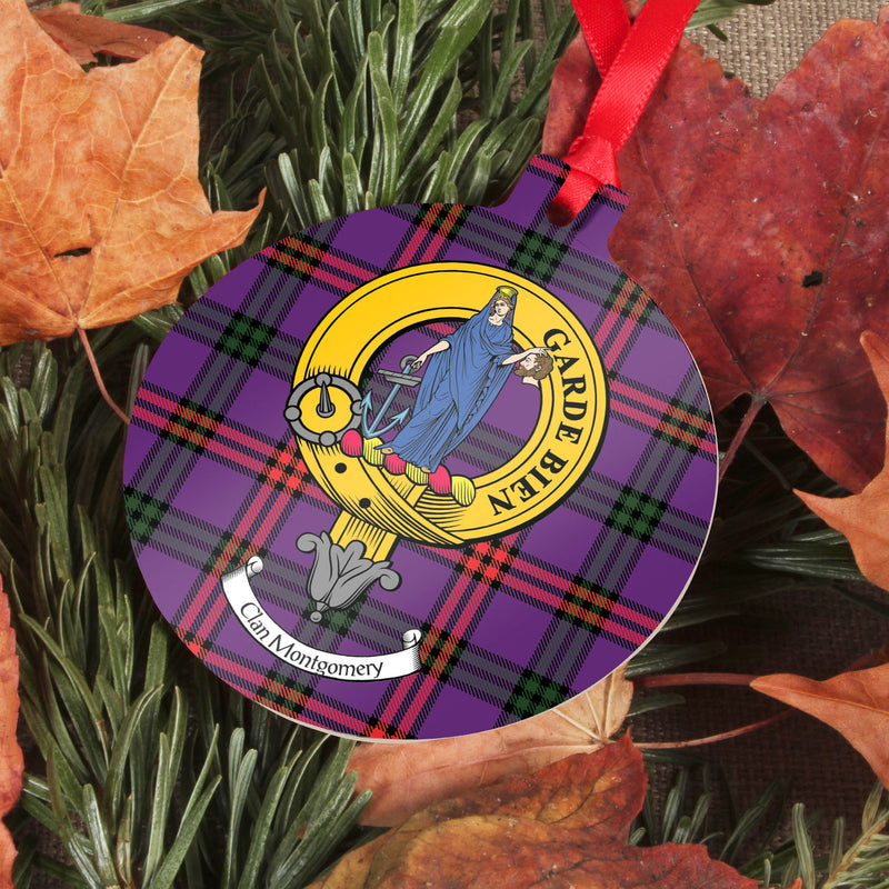 Montgomery Clan Crest and Tartan Metal Christmas Ornament - 6 Styles Available