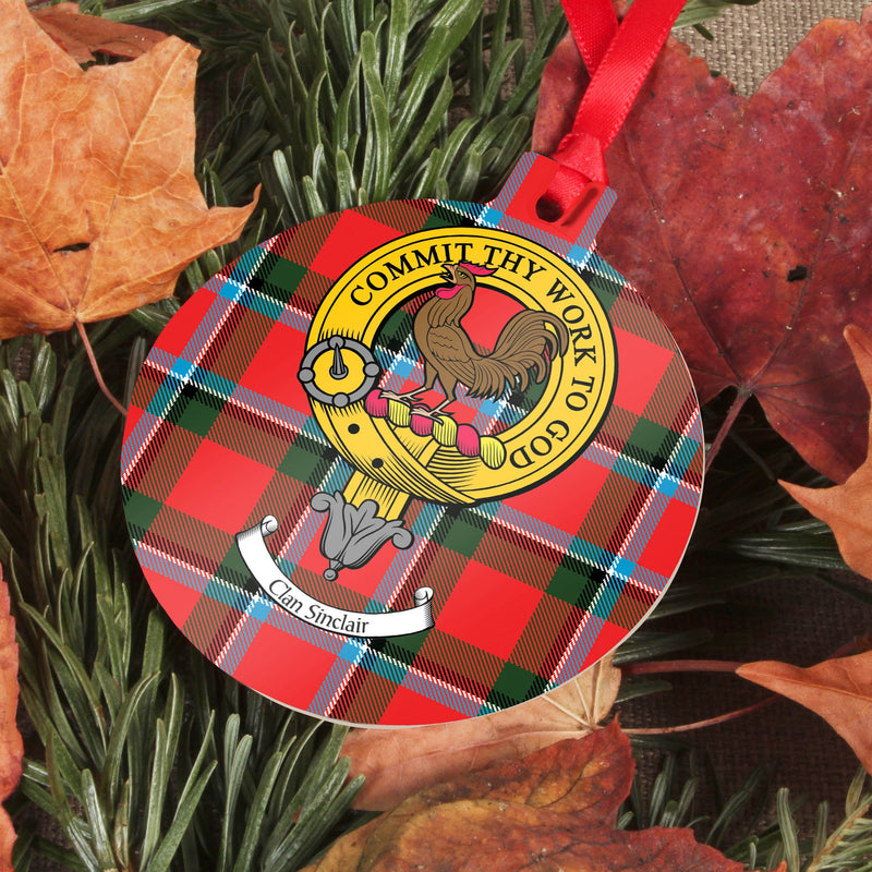 Sinclair Clan Crest and Tartan Metal Christmas Ornament - 6 Styles Available