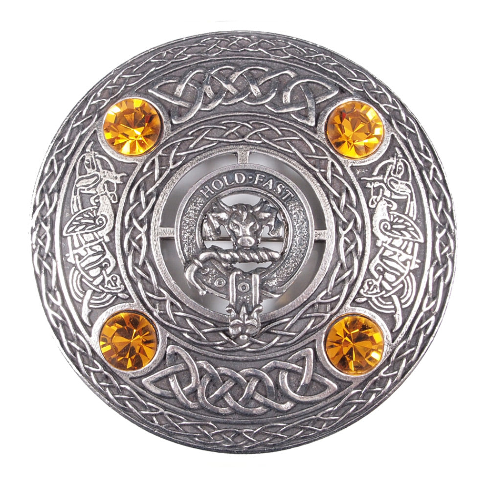 Clan Crest Pewter Plaid Brooch with Topaz Stone