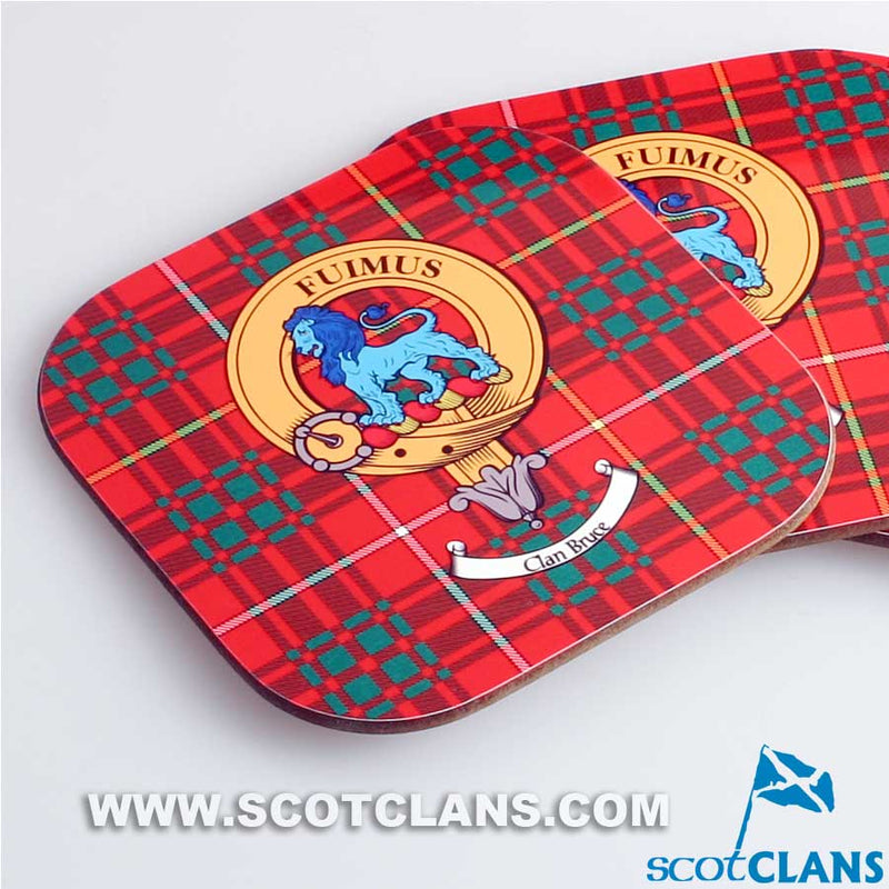 Bruce Clan Crest and Tartan Wooden Coaster 4 Pack