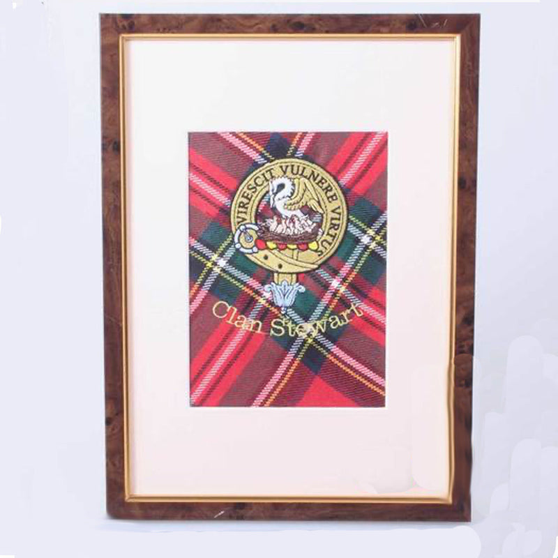 Clan Crest Embroidered on Real Tartan - Framed