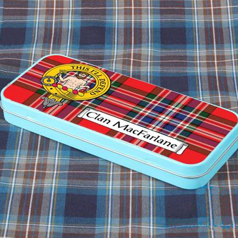 Blue Metal Stationery Tin with Clan Crest and Tartan