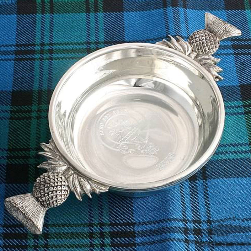 Clan Crest Engraved Large Thistle Handle Quaich with Custom Message